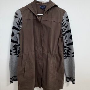 Splendid Brown Utility Jacket with Aztec sweater sleeves and hood  ! Size M